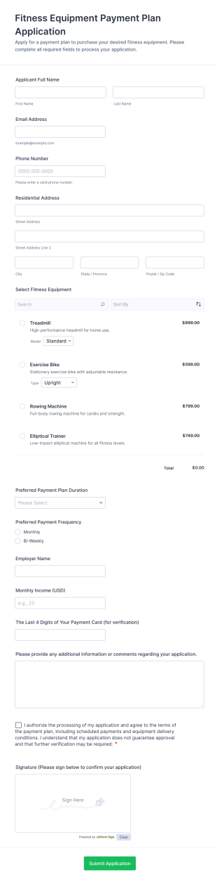 Fitness Equipment Payment Plan Application Form Template