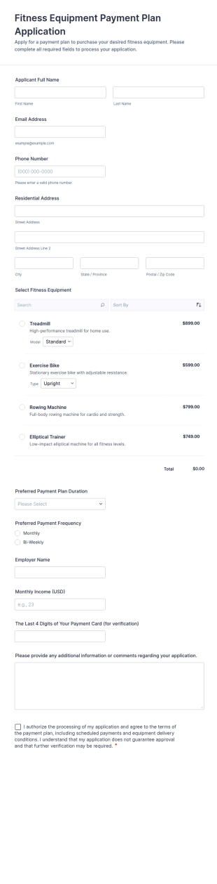 Fitness Equipment Payment Plan Application Form Template