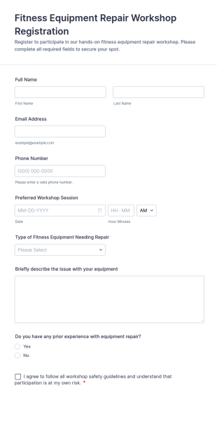 Fitness Equipment Repair Workshop Registration Form Template