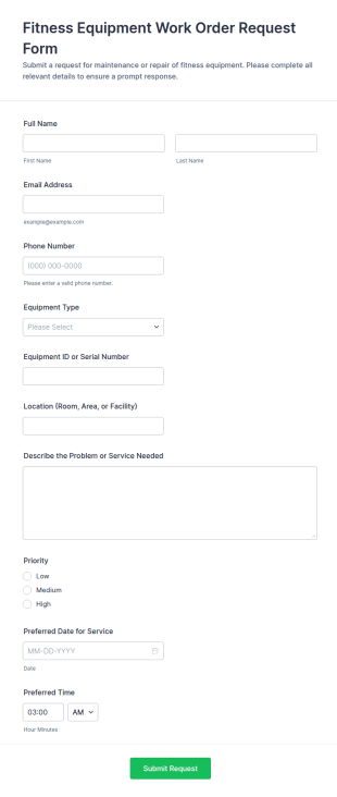 Fitness Equipment Work Order Request Form Template