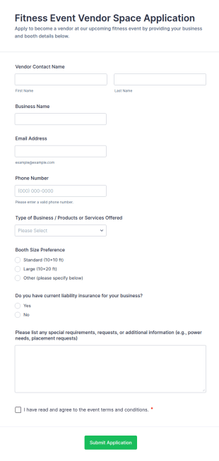 Fitness Event Vendor Space Application Form Template