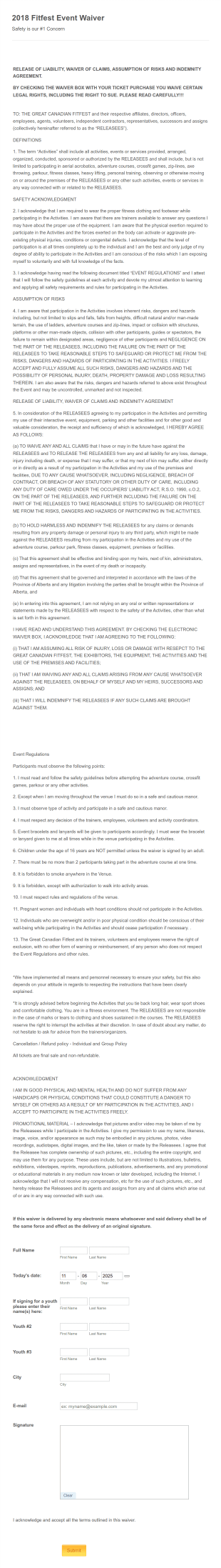 Fitness Event Waiver Form Template