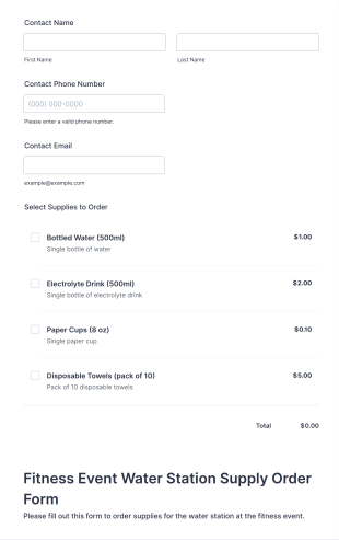 Fitness Event Water Station Supply Order Form Template