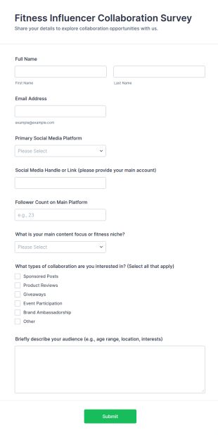 Fitness Influencer Collaboration Survey Form Template