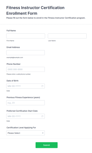Fitness Instructor Certification Enrollment Form Form Template