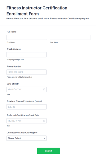 Fitness Instructor Certification Enrollment Form Template