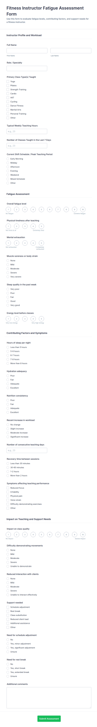 Fitness Instructor Fatigue Assessment Form Template