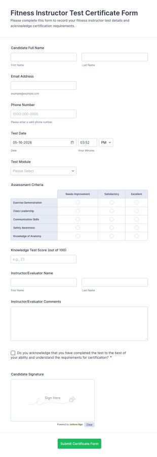 Fitness Instructor Test Certificate Form Template