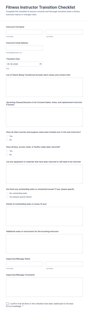 Fitness Instructor Transition Checklist Form Template