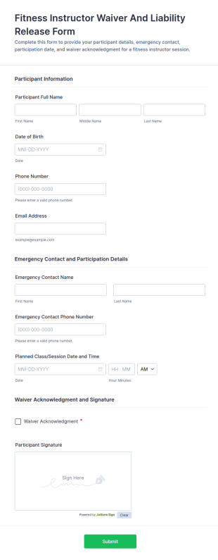 Fitness Instructor Waiver And Liability Release Form Template