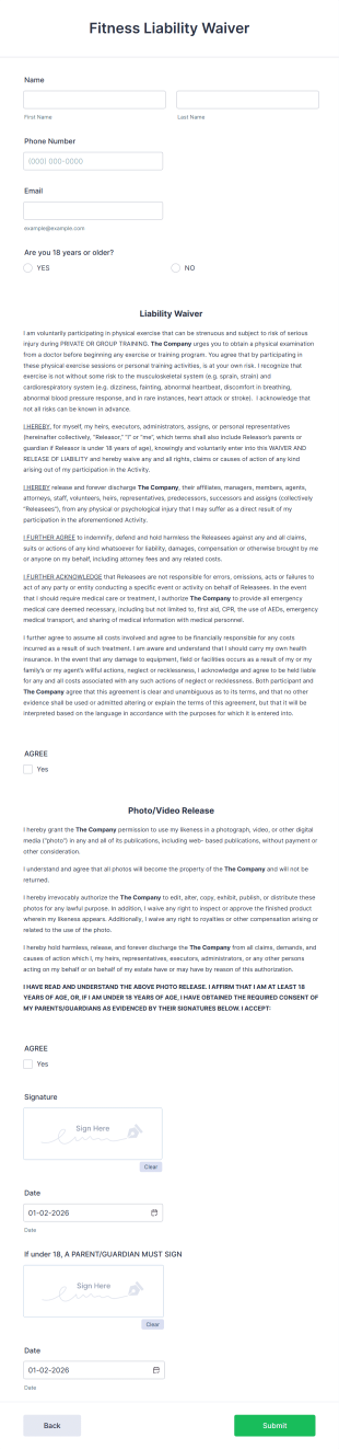 Fitness Liability Waiver Form Template