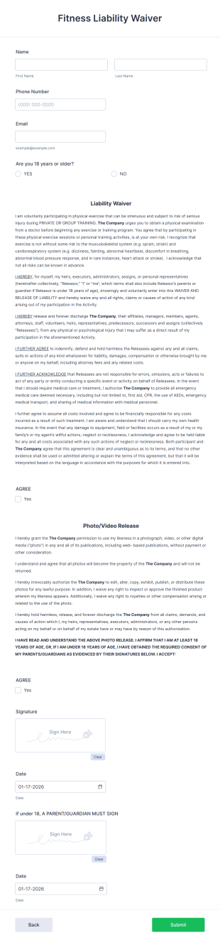 Fitness Liability Waiver Form Template