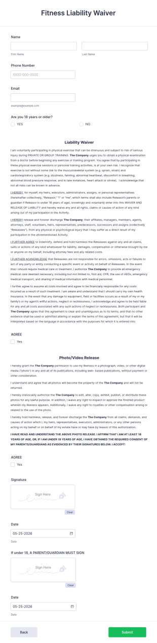 Fitness Liability Waiver Form Template