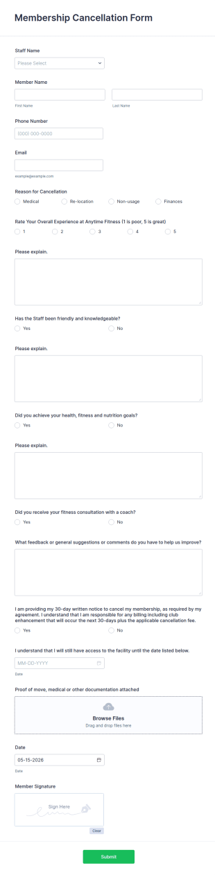 Fitness Membership Cancellation Form Template