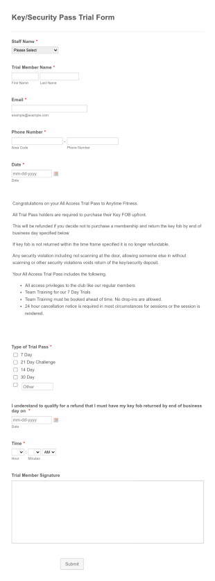 Fitness Membership Card Application Form Template