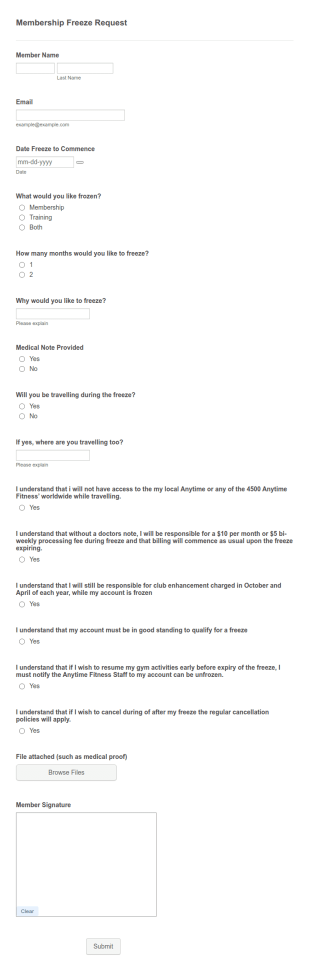 Fitness Membership Freeze Form Template