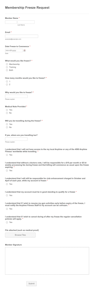Fitness Membership Freeze Form Template
