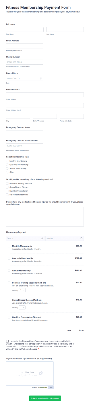 Fitness Membership Payment Form Template