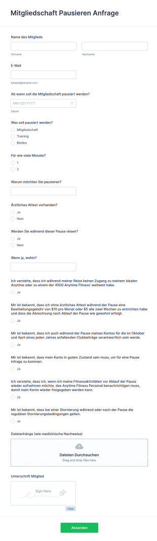 Fitness Mitgliedschaft Pausieren Formular
