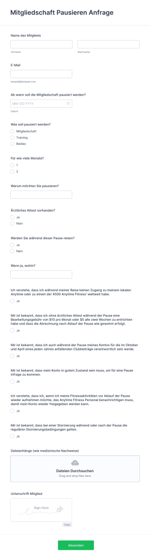 Fitness Mitgliedschaft Pausieren Formular