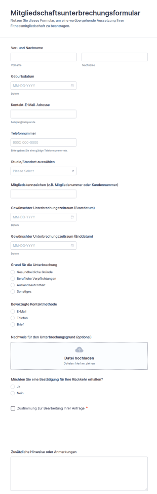 Fitness Mitgliedschaftsruhe Formular
