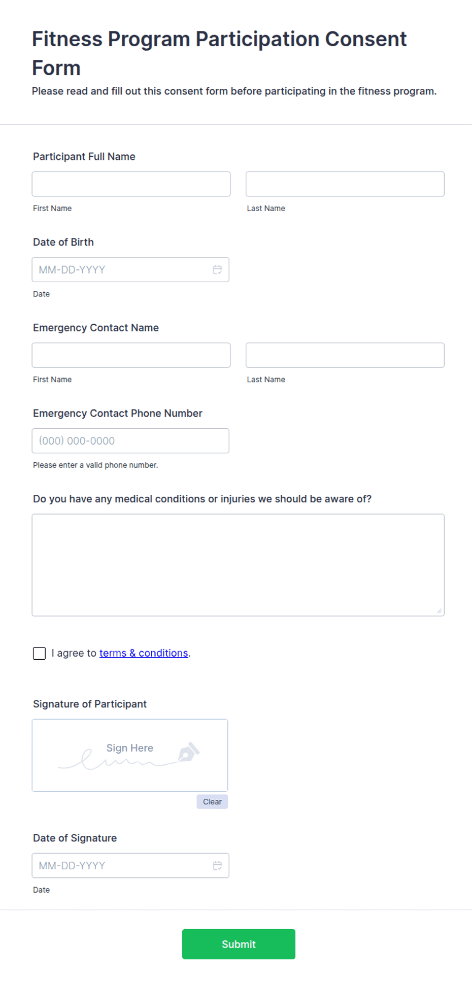 Program Consent Form Fitness Program Participation Consent Form | Jotform