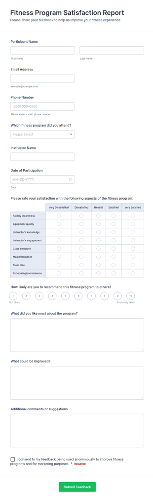 Fitness Program Satisfaction Report Form Template