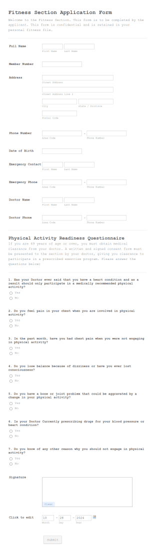 Fitness Section Questionnaire Form Template