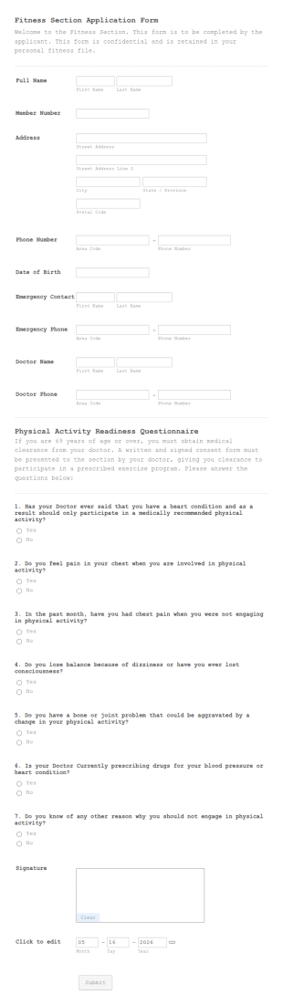 Fitness Section Questionnaire Form Template