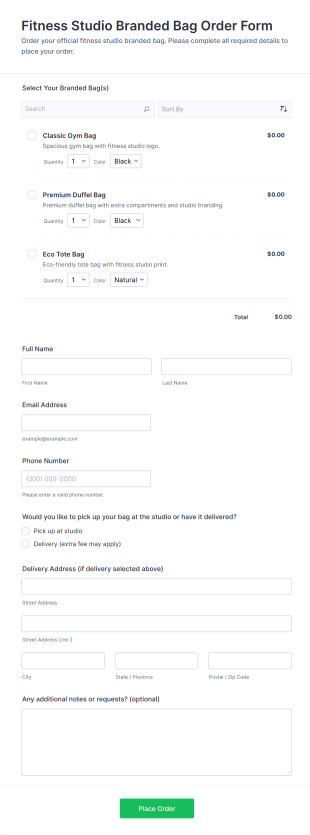 Fitness Studio Branded Bag Order Form Template