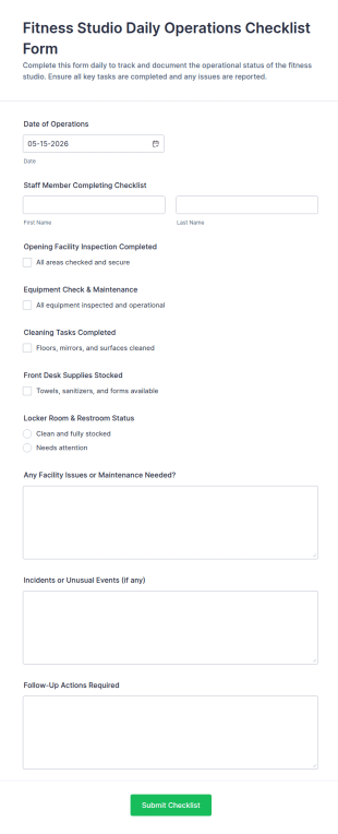 Fitness Studio Daily Operations Checklist Form Template