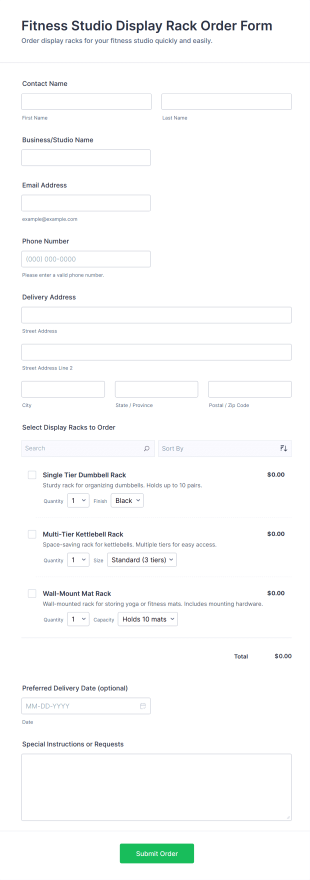 Fitness Studio Display Rack Order Form Template