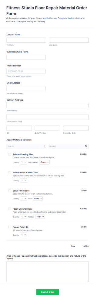 Fitness Studio Floor Repair Material Order Form Template
