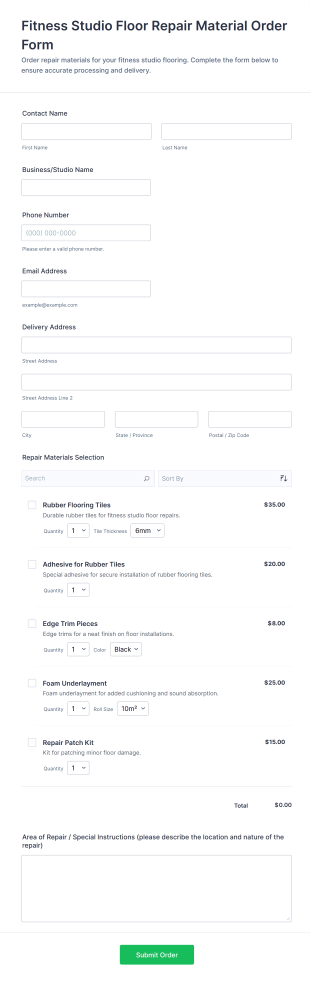 Fitness Studio Floor Repair Material Order Form Template
