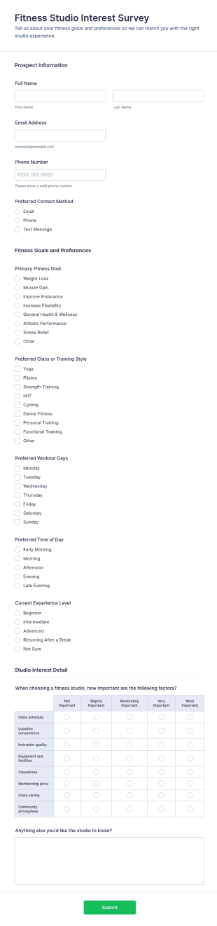 Fitness Studio Interest Survey Form Template