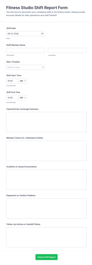 Fitness Studio Shift Report Form Template