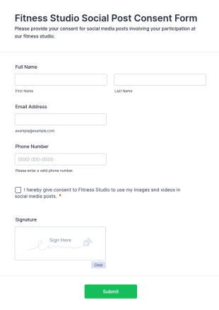 Fitness Studio Social Post Consent Form Template