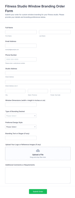 Fitness Studio Window Branding Order Form Template
