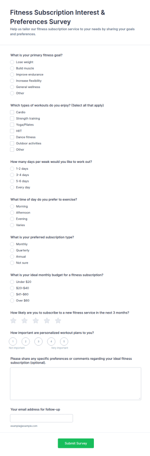Fitness Subscription Interest & Preferences Survey Form Template