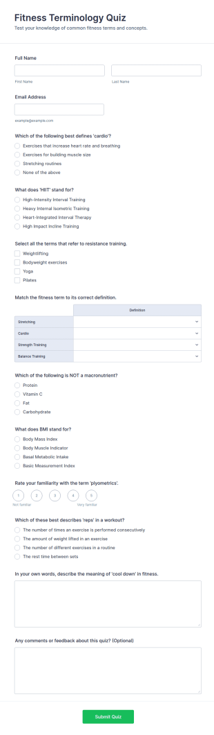 Fitness Terminology Quiz Form Template