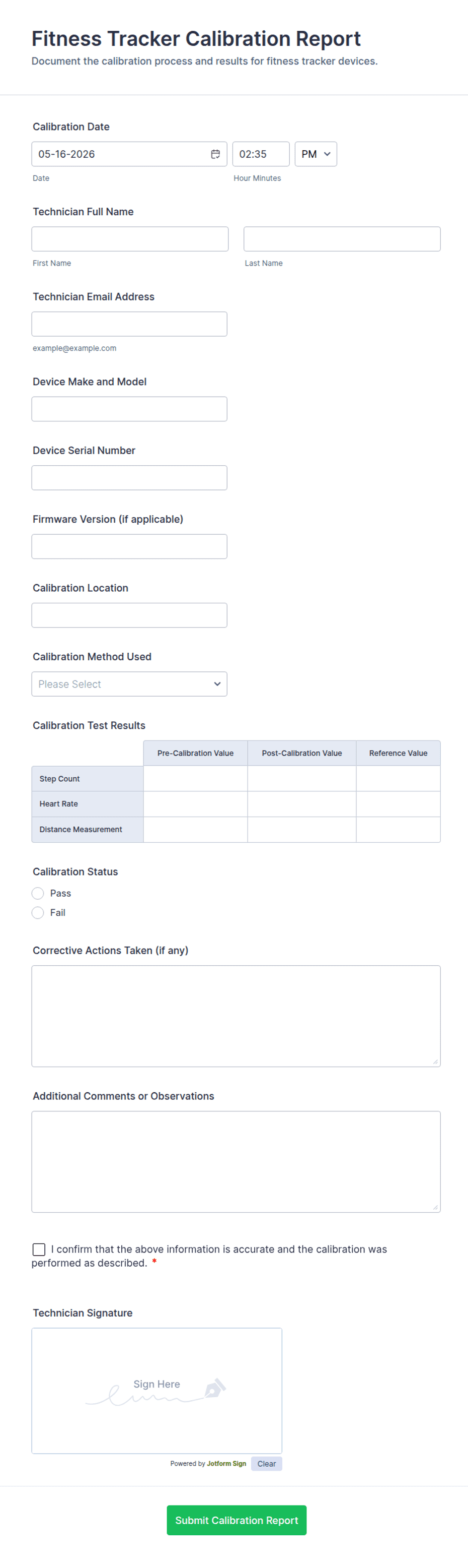 Fitness Tracker Calibration Report Form Template | Jotform