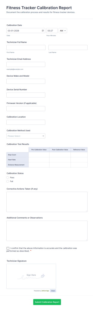 Fitness Tracker Calibration Report Form Template