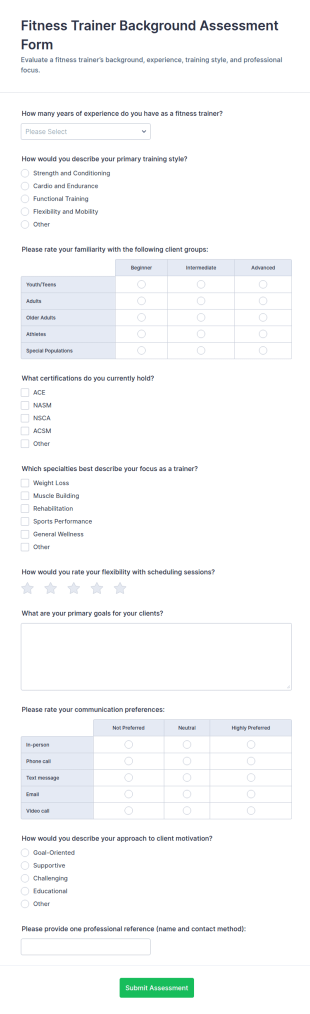 Fitness Trainer Background Assessment Form Template