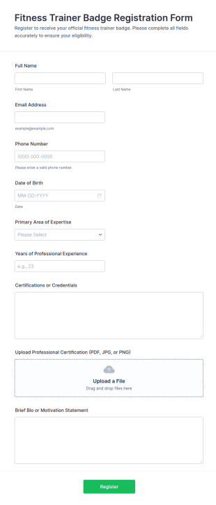 Fitness Trainer Badge Registration Form Template
