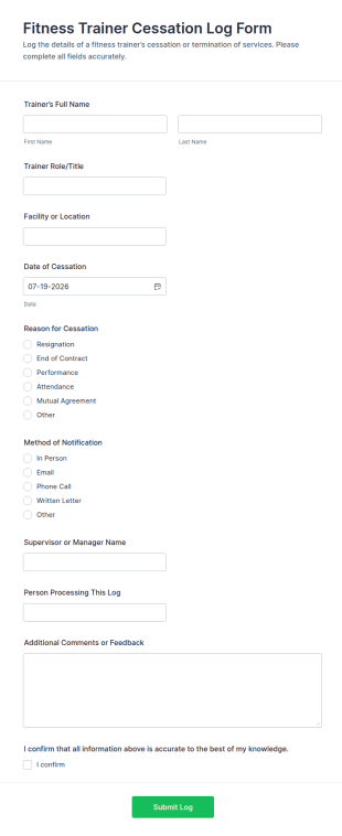 Fitness Trainer Cessation Log Form Template