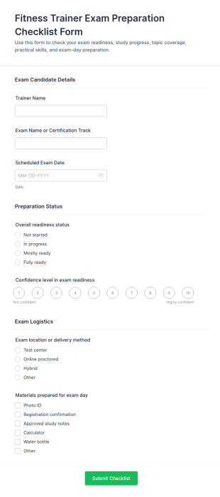 Fitness Trainer Exam Preparation Checklist Form Template