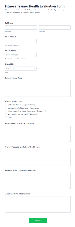Fitness Trainer Health Evaluation Form Template