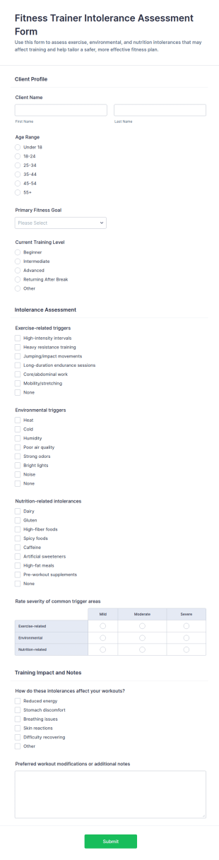 Fitness Trainer Intolerance Assessment Form Template
