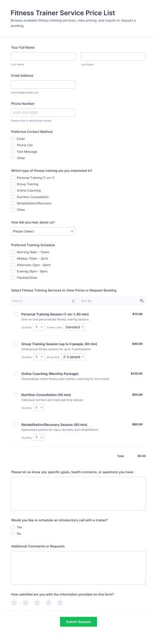 Fitness Trainer Service Price List Form Template