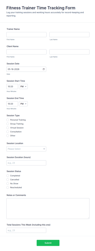 Fitness Trainer Time Tracking Form Template